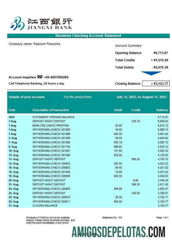 Realista Jiangxi Bank Business Checking modelo de extrato de conta Word e PDF